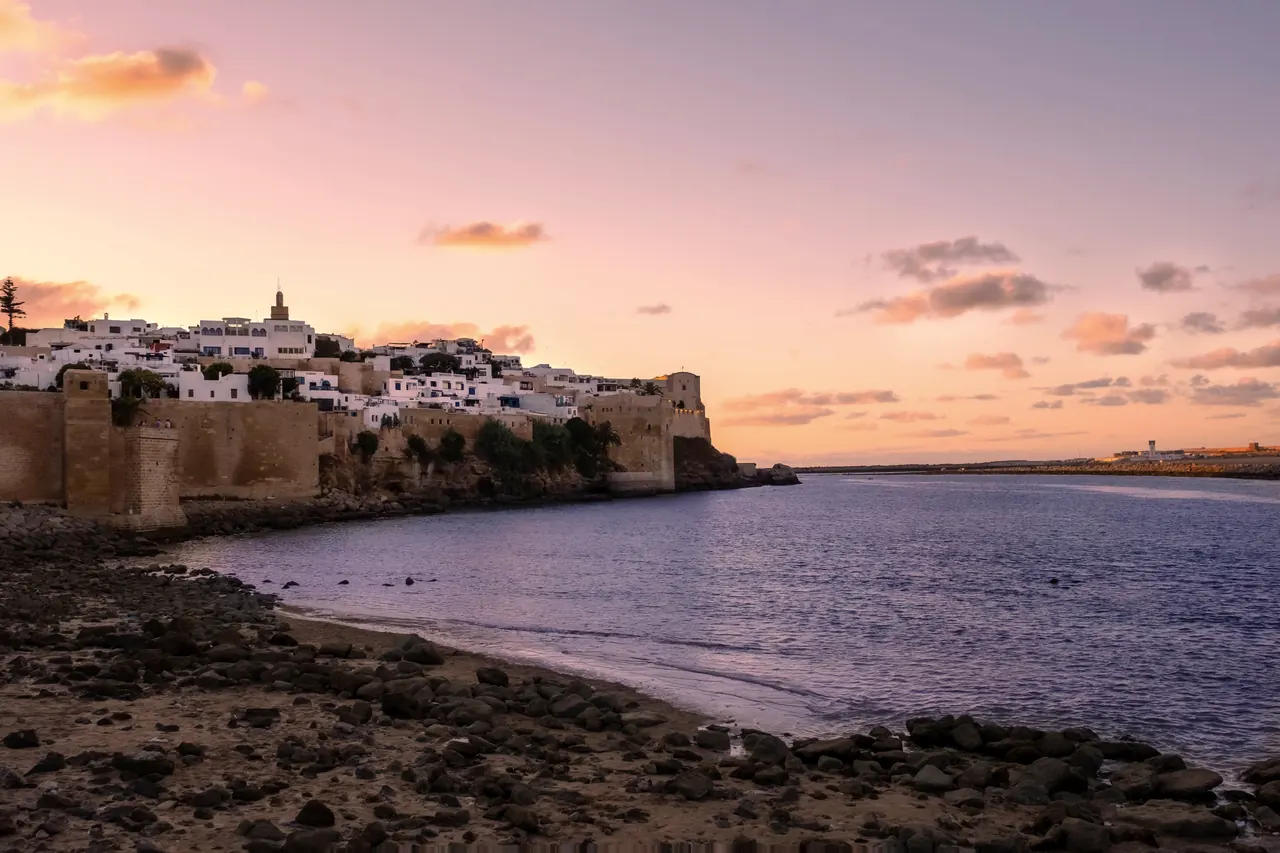 The Kasbah of the Udayas at sunset, seen from the Bouregreg river