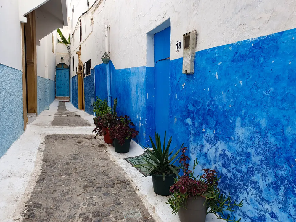 A blue and white street in the Kasbah of the Udayas