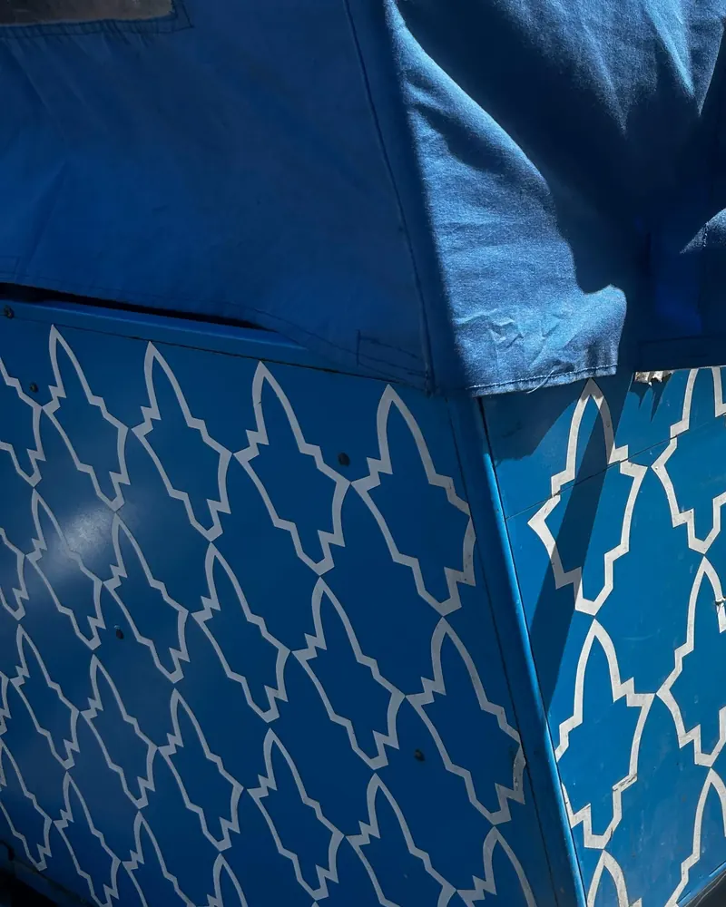 The hood and the white lattice of the blue tuk-tuk